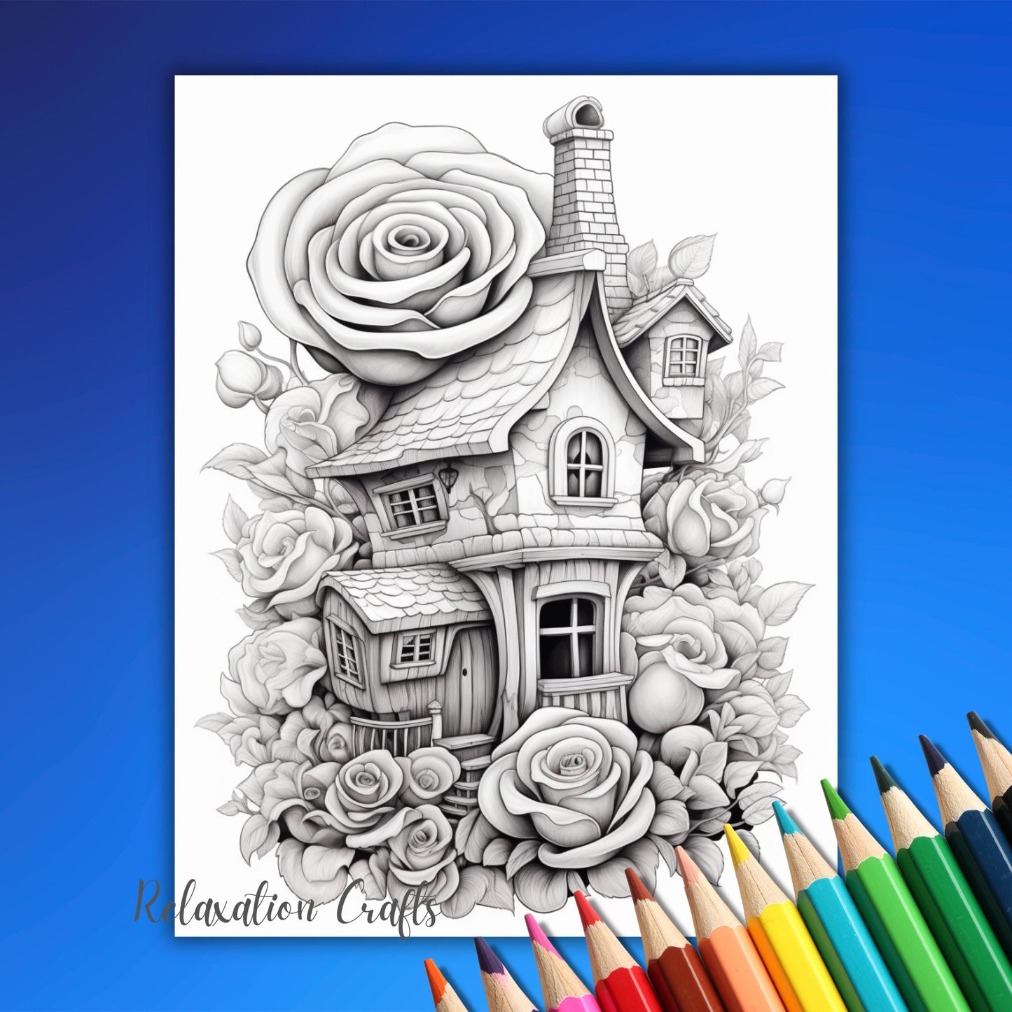 Blooming Fairy Homes Coloring Pages, Grayscale Flower Houses & Fairy Houses, Printable PDF for Adult Relaxation and Coloring Fun!