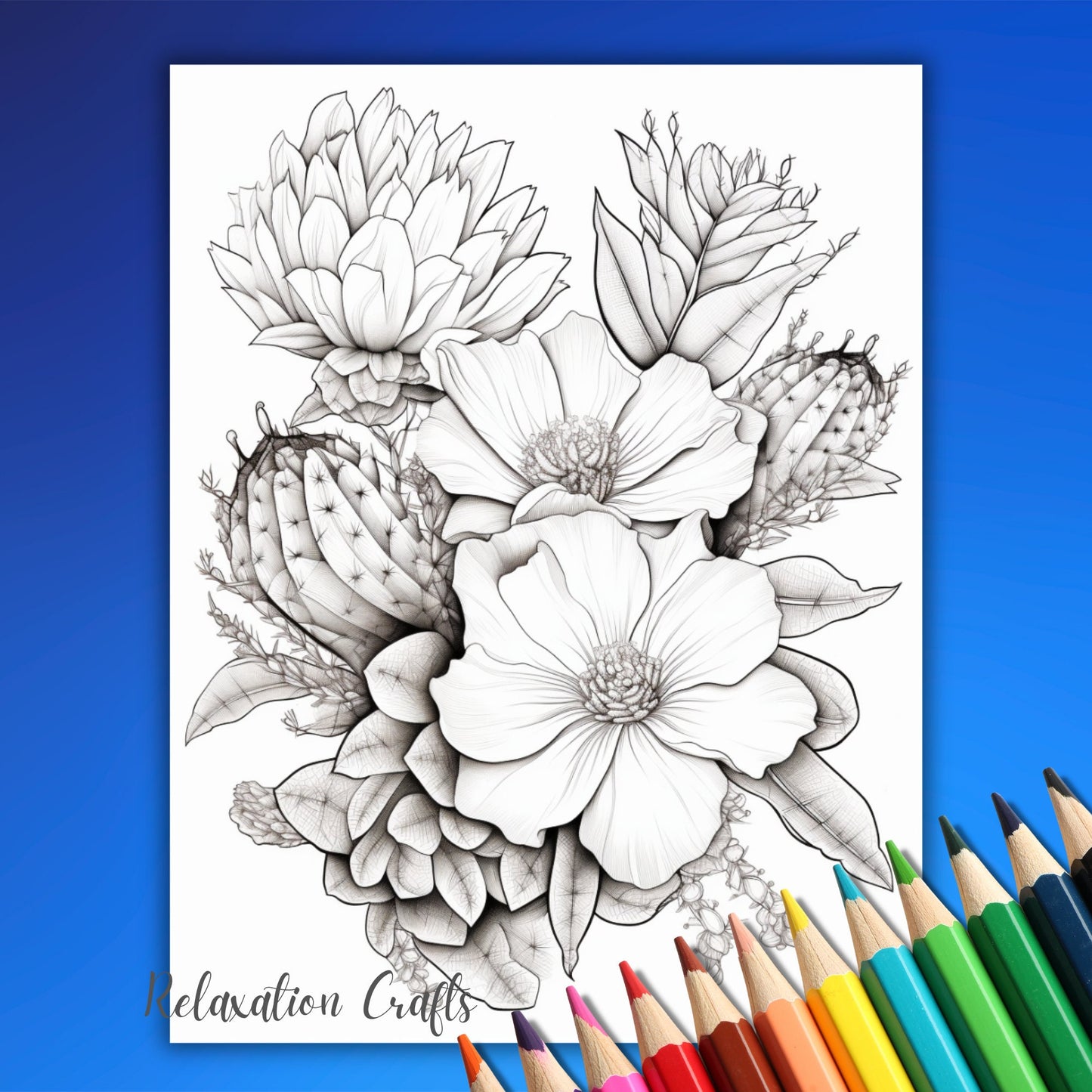 Floral Cactus Coloring Pages for Adults, 40 Grayscale Pages for Stress Relief and Relaxation, Digital Download Intriguing & Artistic Designs