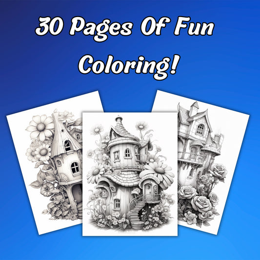 Blooming Fairy Homes Coloring Pages, Grayscale Flower Houses & Fairy Houses, Printable PDF for Adult Relaxation and Coloring Fun!