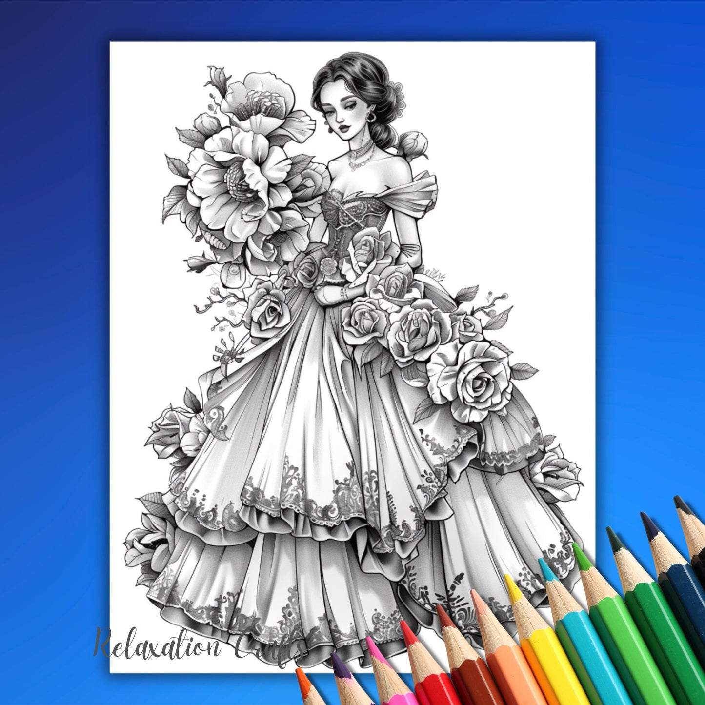 Floral Dress Coloring Pages for Adults, 60 Intricate Grayscale Pages of Victorian Fashion and Magical Flowers BONUS: Cover Page Without Text