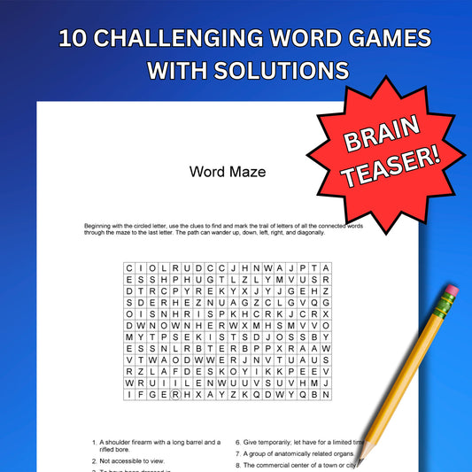 Set of 10 Varied Word Games for Adults, Brain Teasers, Word Mazes, Missing Vowels Games, Decoder Ring, Digital Download , Solutions Included