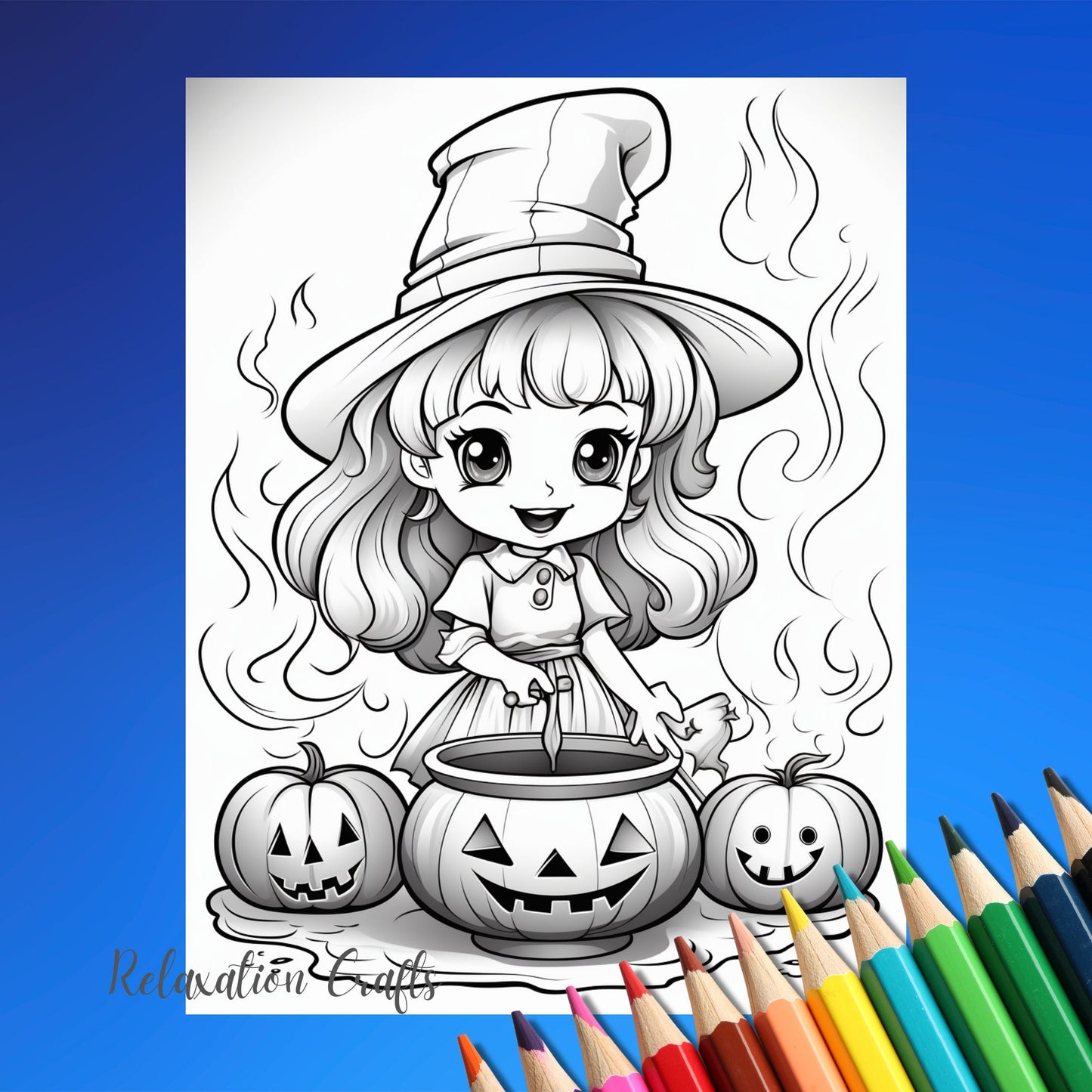 Cute Witches Halloween Coloring Book for Children Aged 4--8, 20 High-Quality Pages, Teach Coloring Skills, Digital Download
