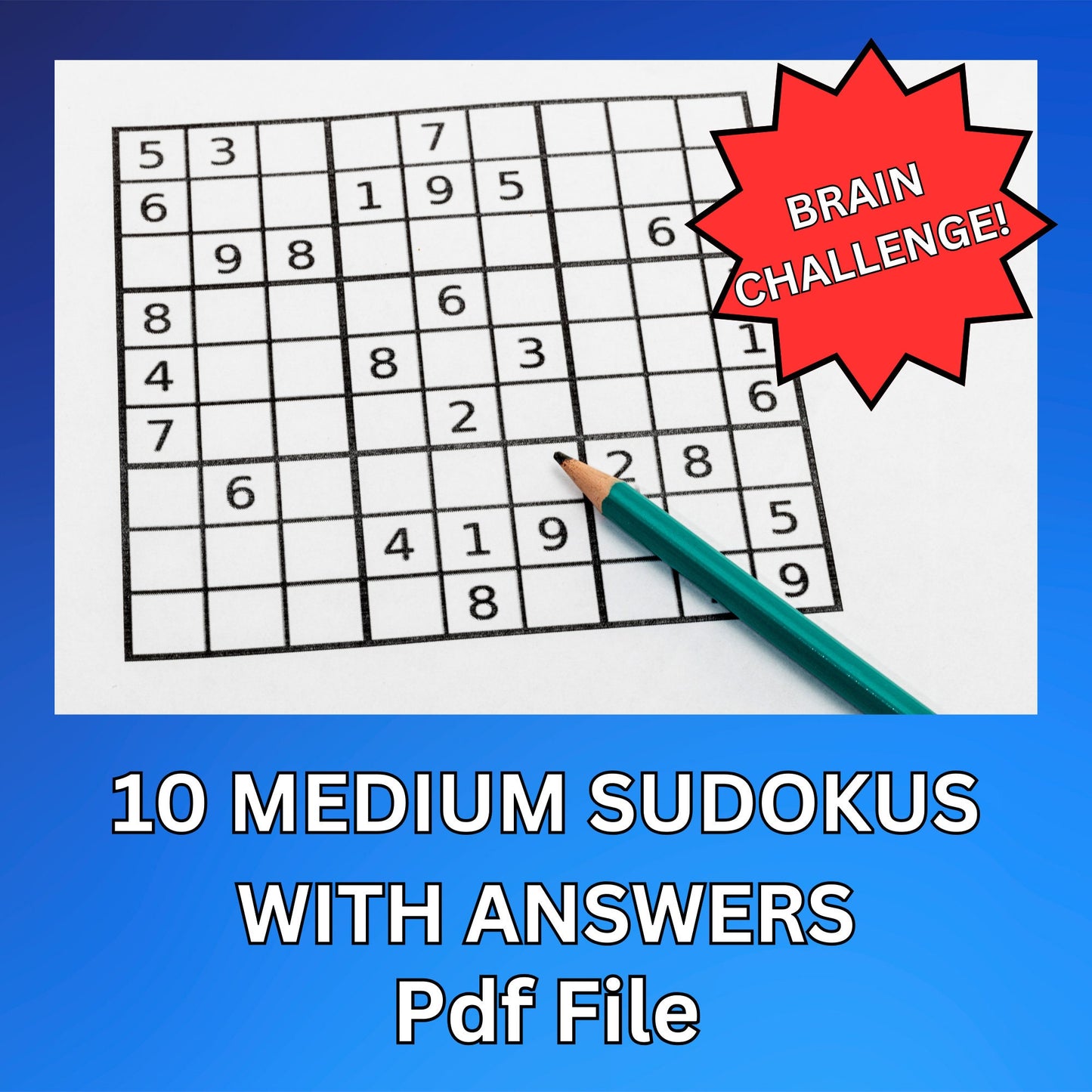 10 Medium-Difficulty Sudoku Puzzles, High-Quality Brain Teasers with Solutions for Puzzle Lovers, Engage Your Mind, Instant Digital Download