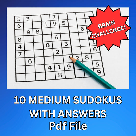 10 Medium-Difficulty Sudoku Puzzles, High-Quality Brain Teasers with Solutions for Puzzle Lovers, Engage Your Mind, Instant Digital Download