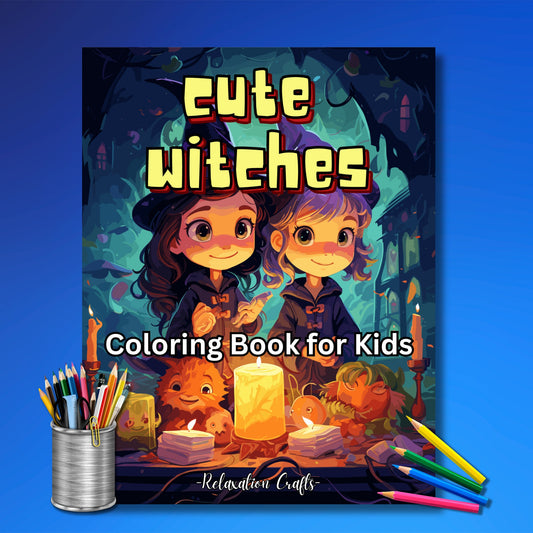 Cute Witches Halloween Coloring Book for Children Aged 4--8, 20 High-Quality Pages, Teach Coloring Skills, Digital Download