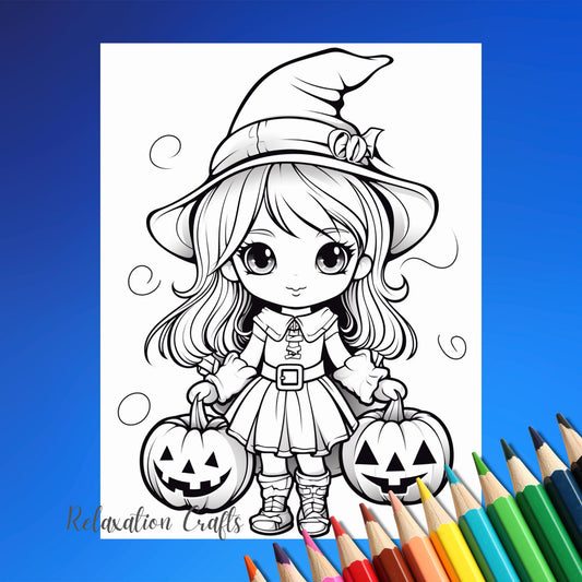Cute Witches Halloween Coloring Book for Children Aged 4--8, 20 High-Quality Pages, Teach Coloring Skills, Digital Download