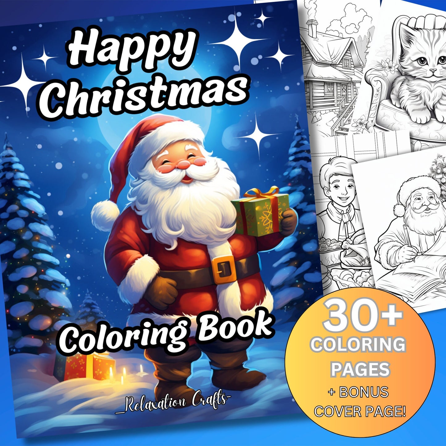 30+ Pages Happy Christmas Coloring Book for Kids & Adults, Grayscale, Plus BONUS Cover Page Without lettering, Digital Download