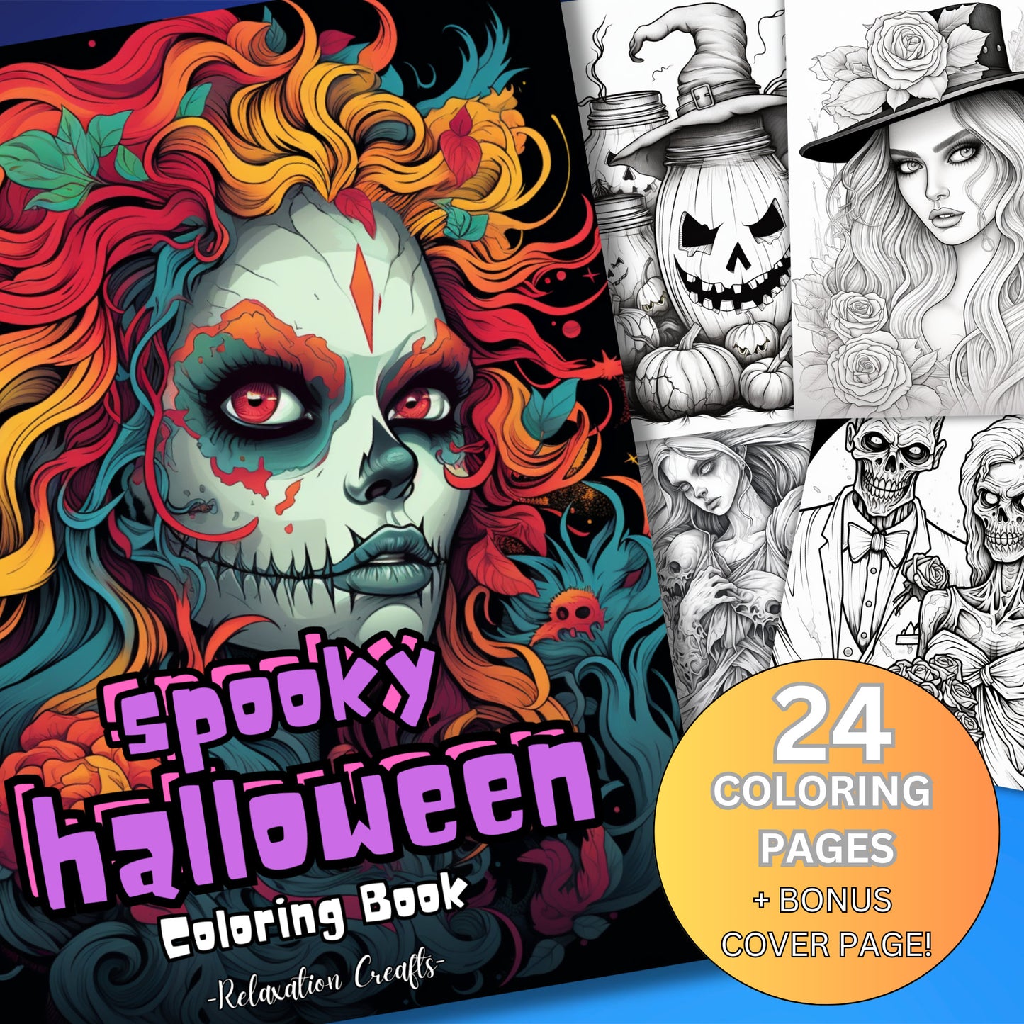 Spooky Halloween Adult Coloring Pages | Stress-Relieving Skeletons & Zombies | Printable PDF | Unique Gift for Adults | Instant Download