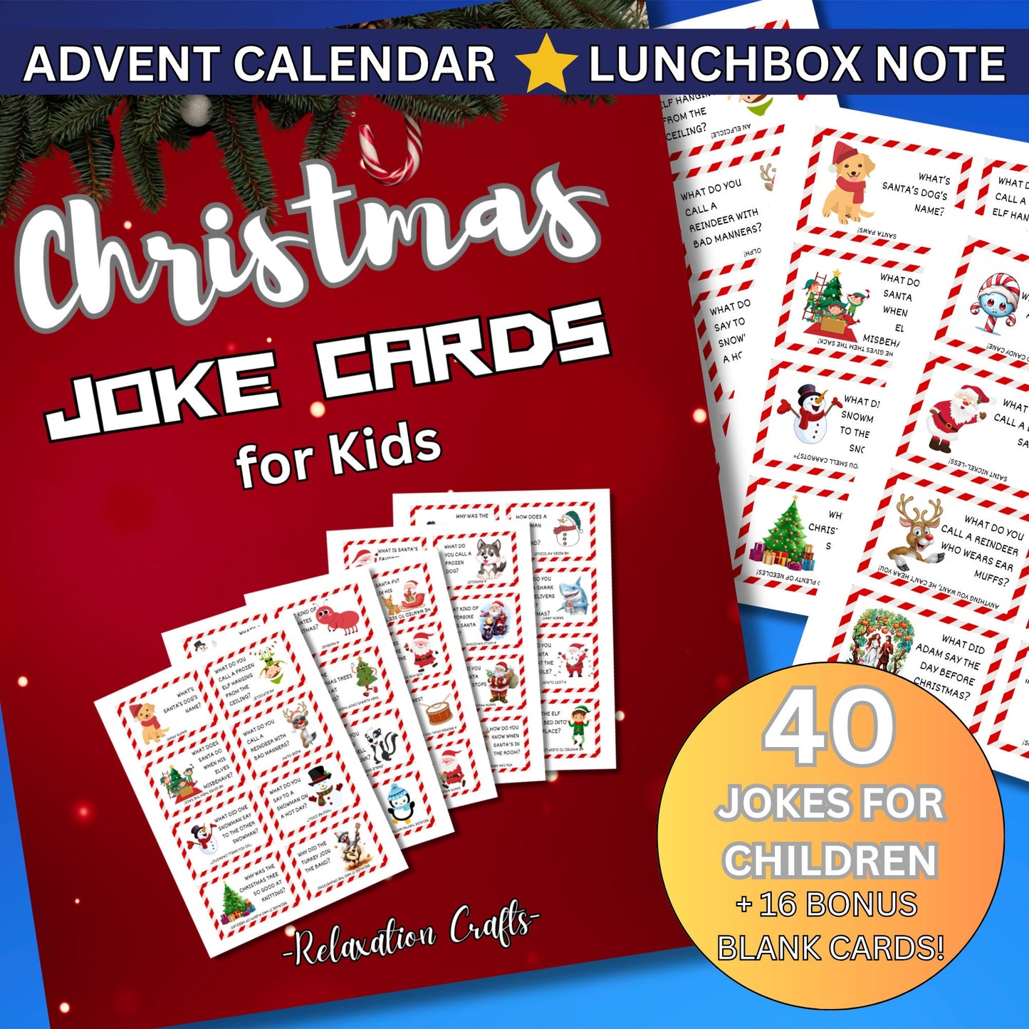 40 Printable Christmas Joke Cards for Kids - Perfect for Advent Calendars and Lunchboxes - Fun & Festive Digital Download
