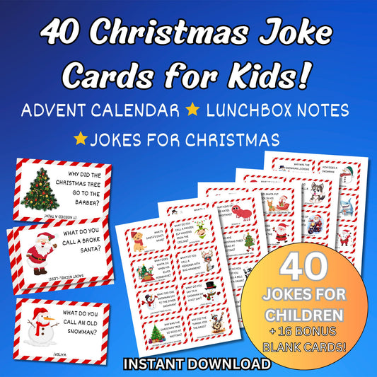 40 Printable Christmas Joke Cards for Kids - Perfect for Advent Calendars and Lunchboxes - Fun & Festive Digital Download