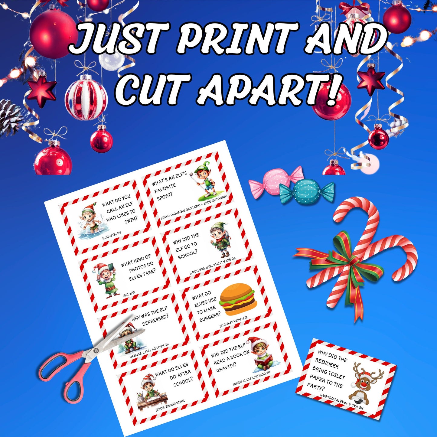 40 Printable Christmas Reindeer and Elf Joke Cards for Kids - Fun Festive Digital Jokes - Perfect for Gifts and Lunchbox Surprises