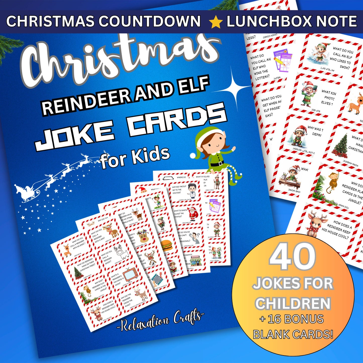 40 Printable Christmas Reindeer and Elf Joke Cards for Kids - Fun Festive Digital Jokes - Perfect for Gifts and Lunchbox Surprises