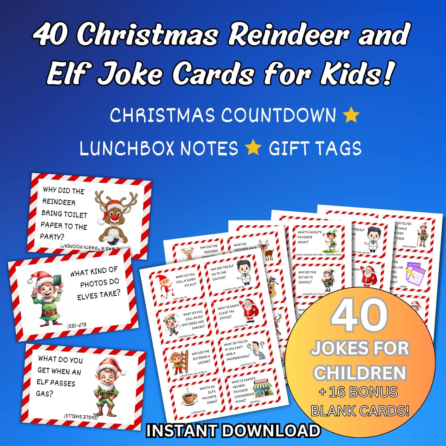 40 Printable Christmas Reindeer and Elf Joke Cards for Kids - Fun Festive Digital Jokes - Perfect for Gifts and Lunchbox Surprises