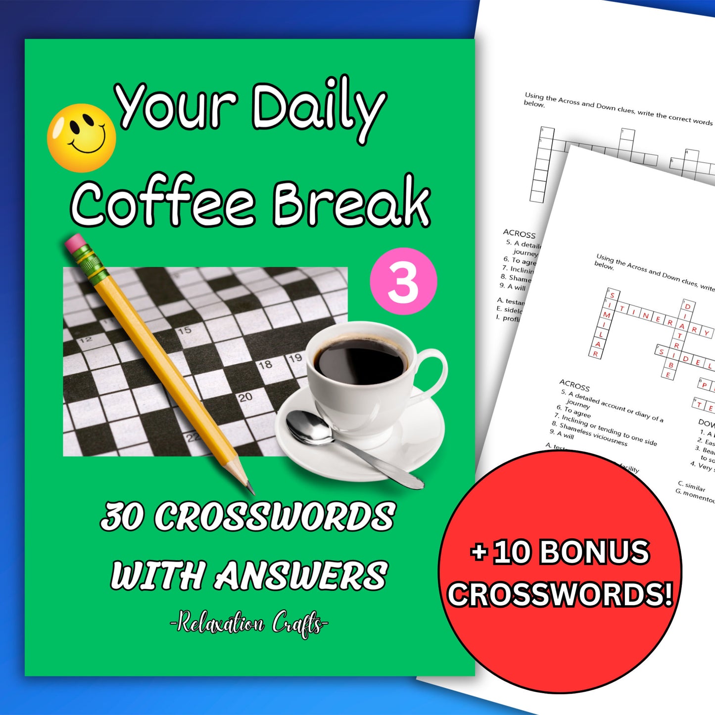40 Challenging Crossword Puzzles, Your  Daily Coffee Break Mind Challenge, Instant Digital Download for Brain Exercise and Fun
