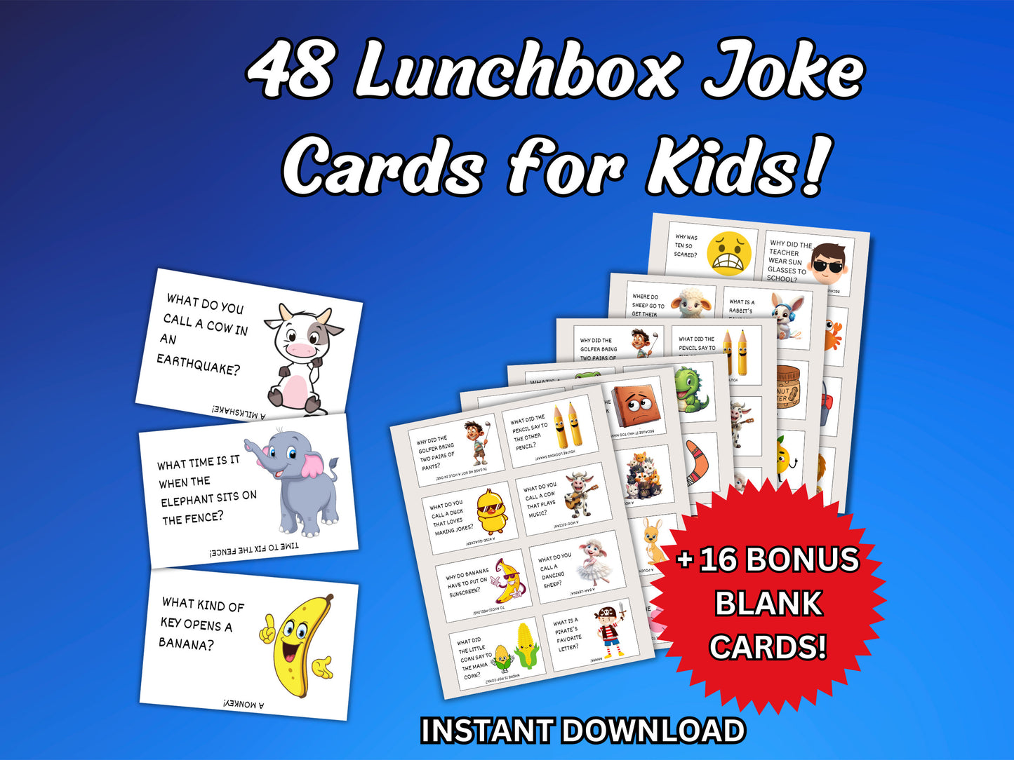 48 Printable Lunchbox Jokes for Kids - Lunch Box Notes, Bonus Blank Cards, School Lunch Entertainment, DIY Parenting Fun, Back to School