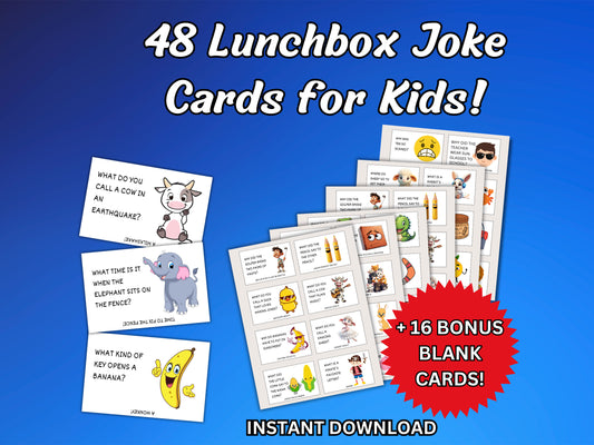 48 Printable Lunchbox Jokes for Kids - Lunch Box Notes, Bonus Blank Cards, School Lunch Entertainment, DIY Parenting Fun, Back to School