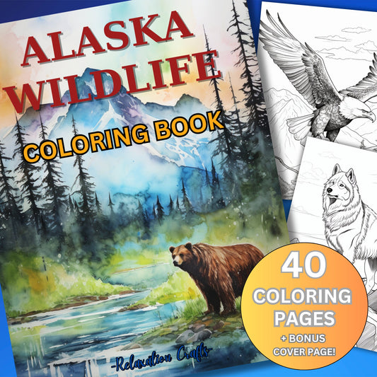 Alaska coloring pages, 40 pages adult coloring pages showing Denali National Park, Alaskan malamutes, bears, fishing, camping and more!