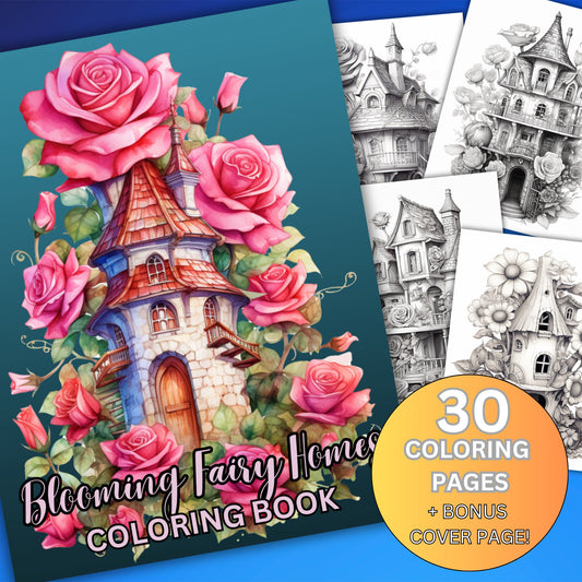 Blooming Fairy Homes Coloring Pages, Grayscale Flower Houses & Fairy Houses, Printable PDF for Adult Relaxation and Coloring Fun!