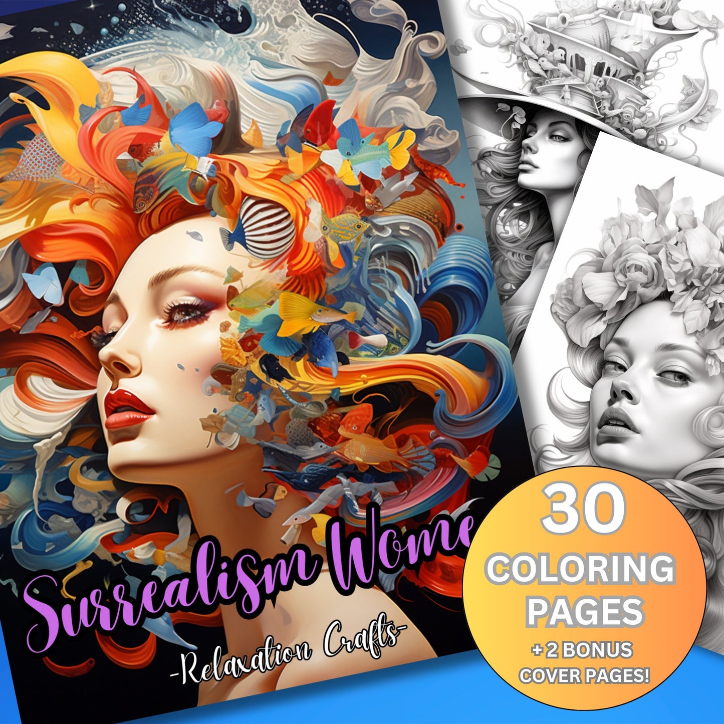 Surrealism Women Coloring Pages - Digital Download, Adult Grayscale Art Pages for Relaxation & Inspiration, Unique Surreal Artwork