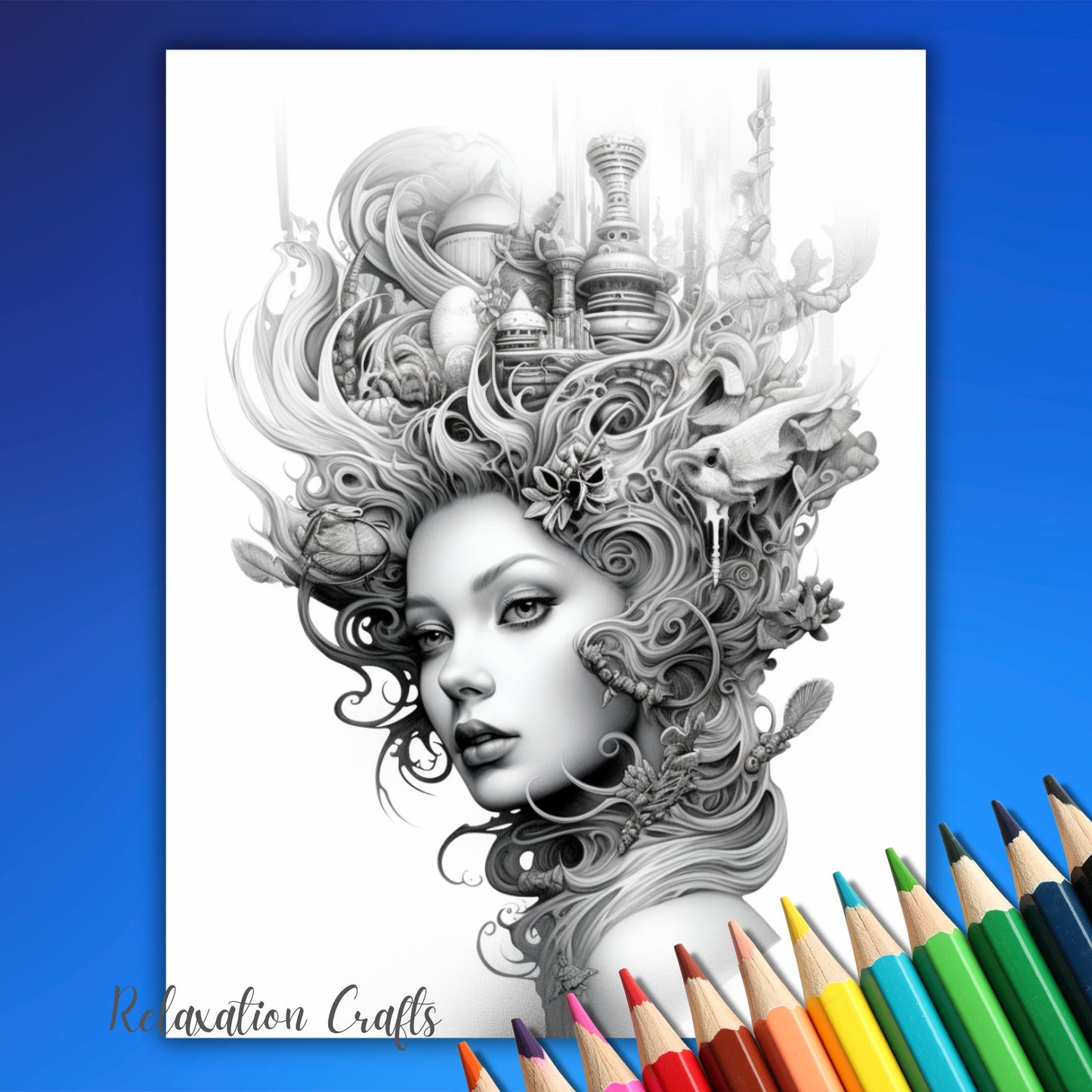 Surrealism Women Coloring Pages - Digital Download, Adult Grayscale Art Pages for Relaxation & Inspiration, Unique Surreal Artwork