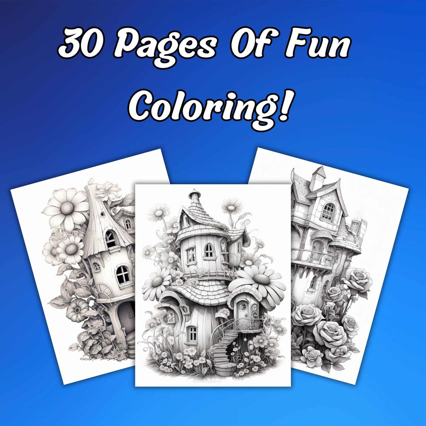 Blooming Fairy Homes Coloring Pages, Grayscale Flower Houses & Fairy Houses, Printable PDF for Adult Relaxation and Coloring Fun!