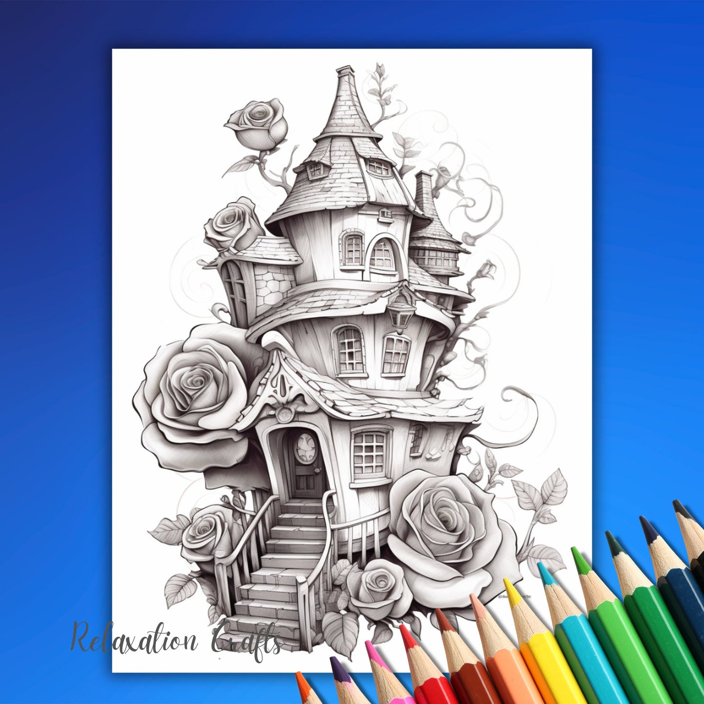 Blooming Fairy Homes Coloring Pages, Grayscale Flower Houses & Fairy Houses, Printable PDF for Adult Relaxation and Coloring Fun!