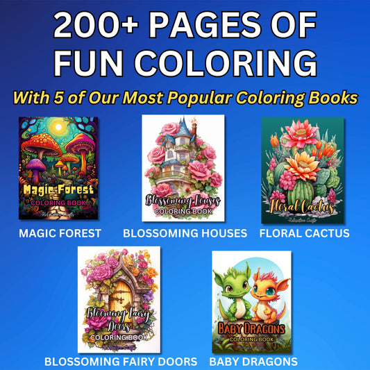 200+ Adult Coloring Pages Bundle: Magic Forest, Blooming Houses, Fairy Doors, Floral Cactus, Baby Dragons, Digital Download, Stress Relief