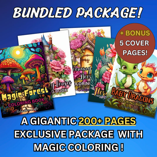 200+ Adult Coloring Pages Bundle: Magic Forest, Blooming Houses, Fairy Doors, Floral Cactus, Baby Dragons, Digital Download, Stress Relief