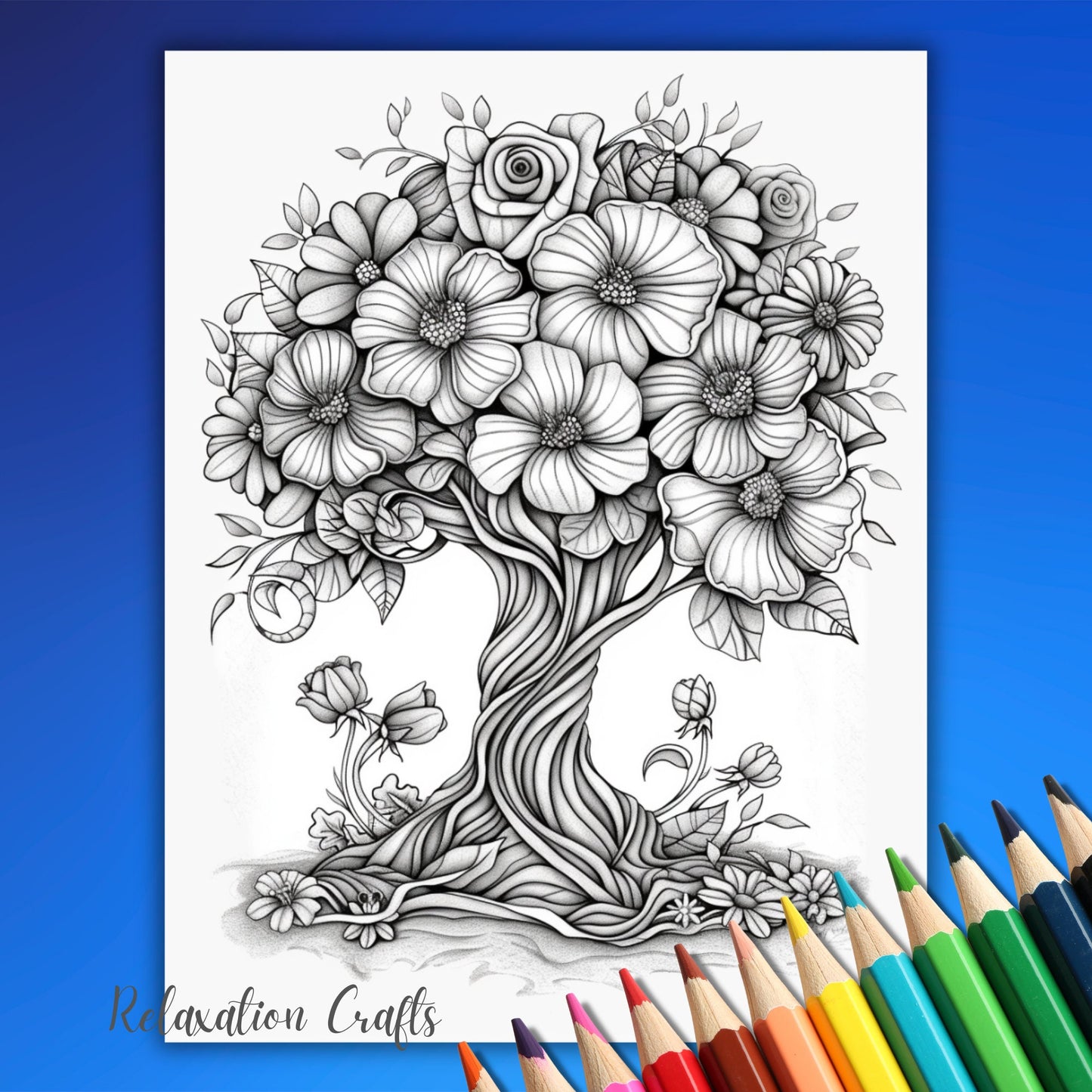 Magical Floral Trees Grayscale Coloring Pages for Adults, 60 Pages Intricate Designs, Whimsical Blossoms and Forest Blooms, Digital Download