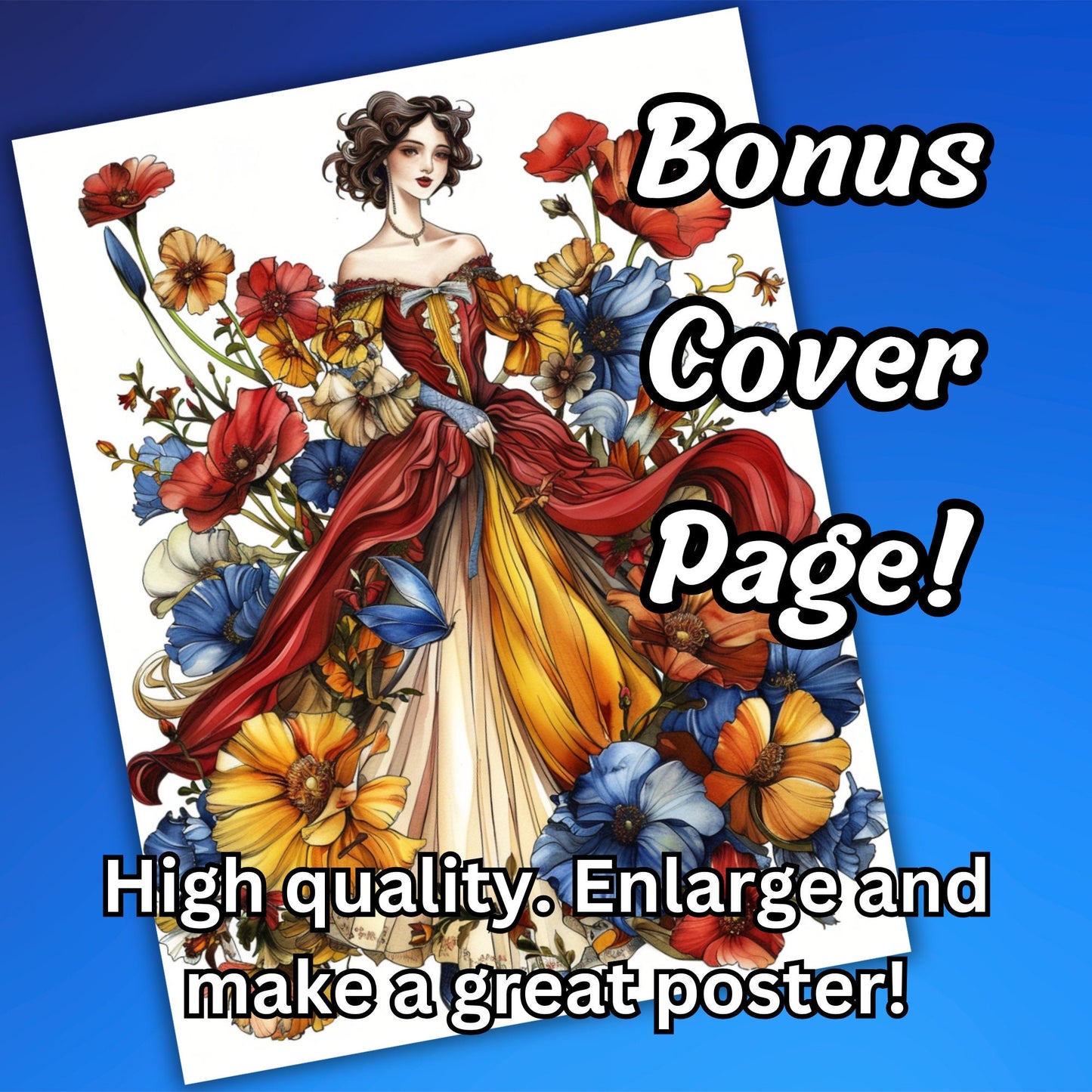 Floral Dress Coloring Pages for Adults, 60 Intricate Grayscale Pages of Victorian Fashion and Magical Flowers BONUS: Cover Page Without Text