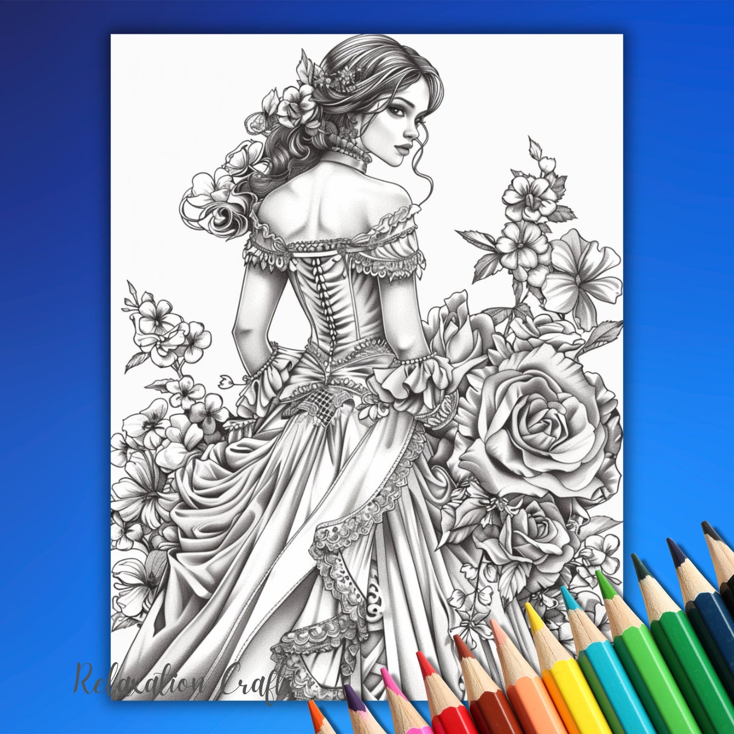 Floral Dress Coloring Pages for Adults, 60 Intricate Grayscale Pages of Victorian Fashion and Magical Flowers BONUS: Cover Page Without Text