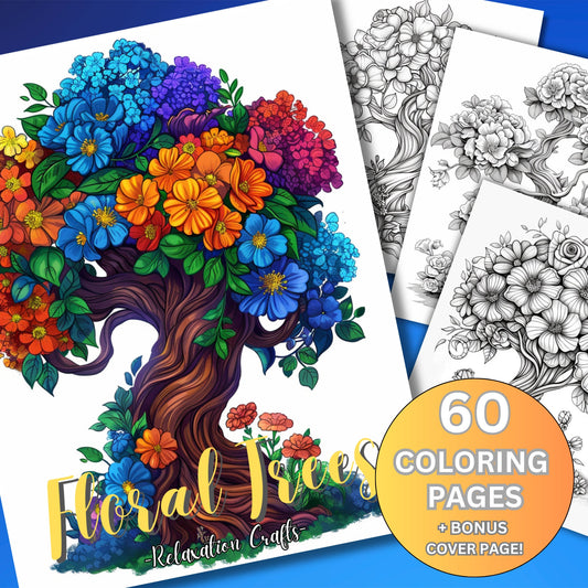 Magical Floral Trees Grayscale Coloring Pages for Adults, 60 Pages Intricate Designs, Whimsical Blossoms and Forest Blooms, Digital Download