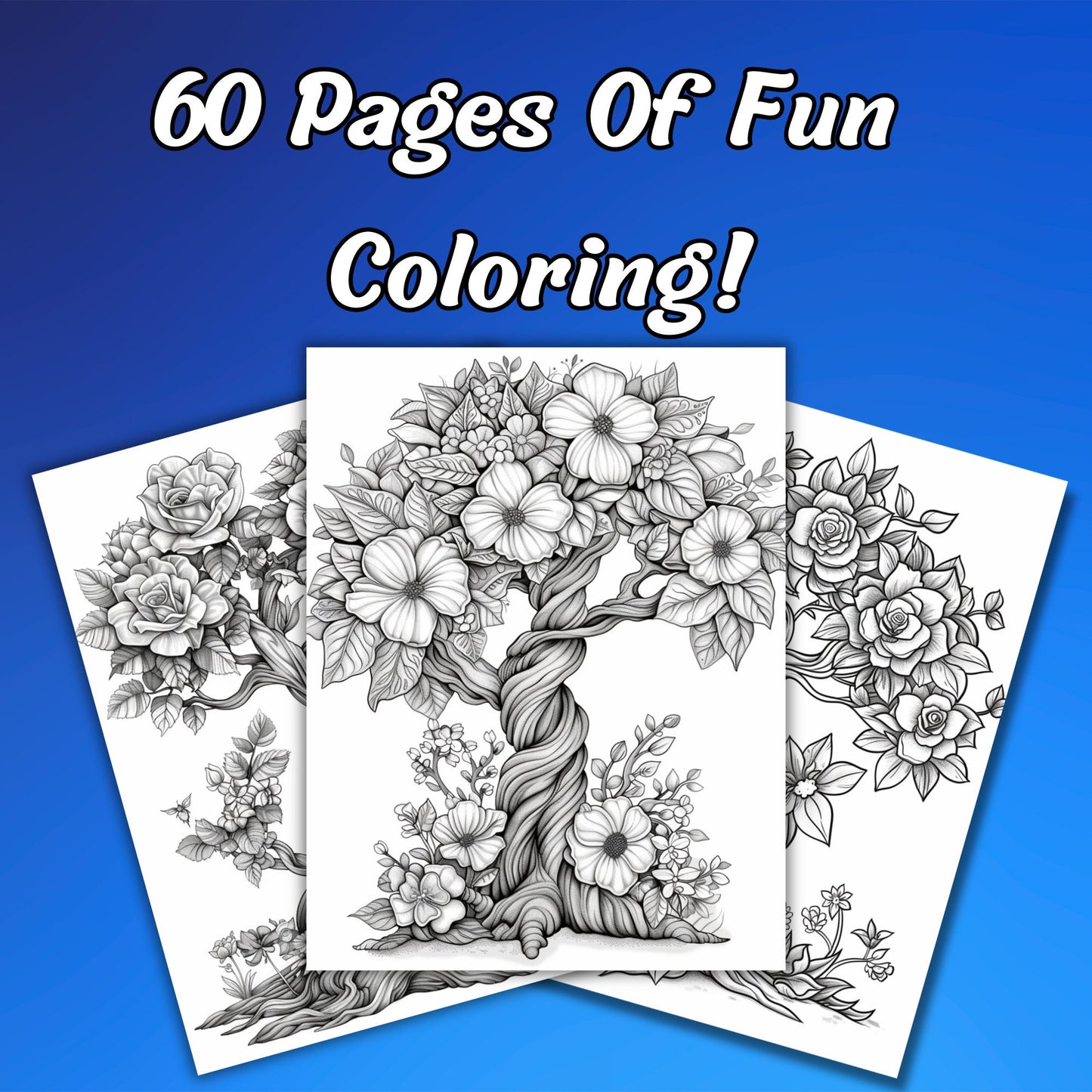 Magical Floral Trees Grayscale Coloring Pages for Adults, 60 Pages Intricate Designs, Whimsical Blossoms and Forest Blooms, Digital Download