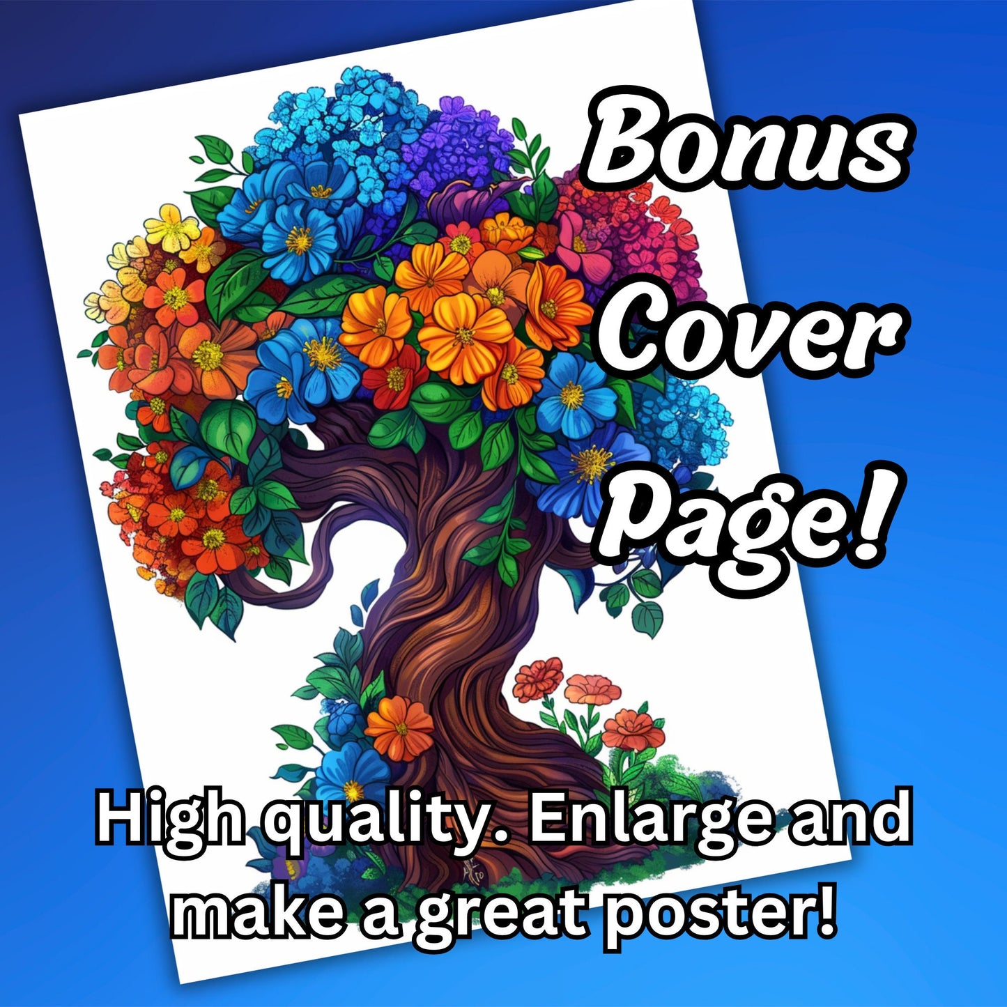 Magical Floral Trees Grayscale Coloring Pages for Adults, 60 Pages Intricate Designs, Whimsical Blossoms and Forest Blooms, Digital Download