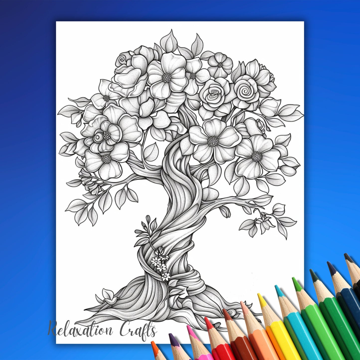 Magical Floral Trees Grayscale Coloring Pages for Adults, 60 Pages Intricate Designs, Whimsical Blossoms and Forest Blooms, Digital Download
