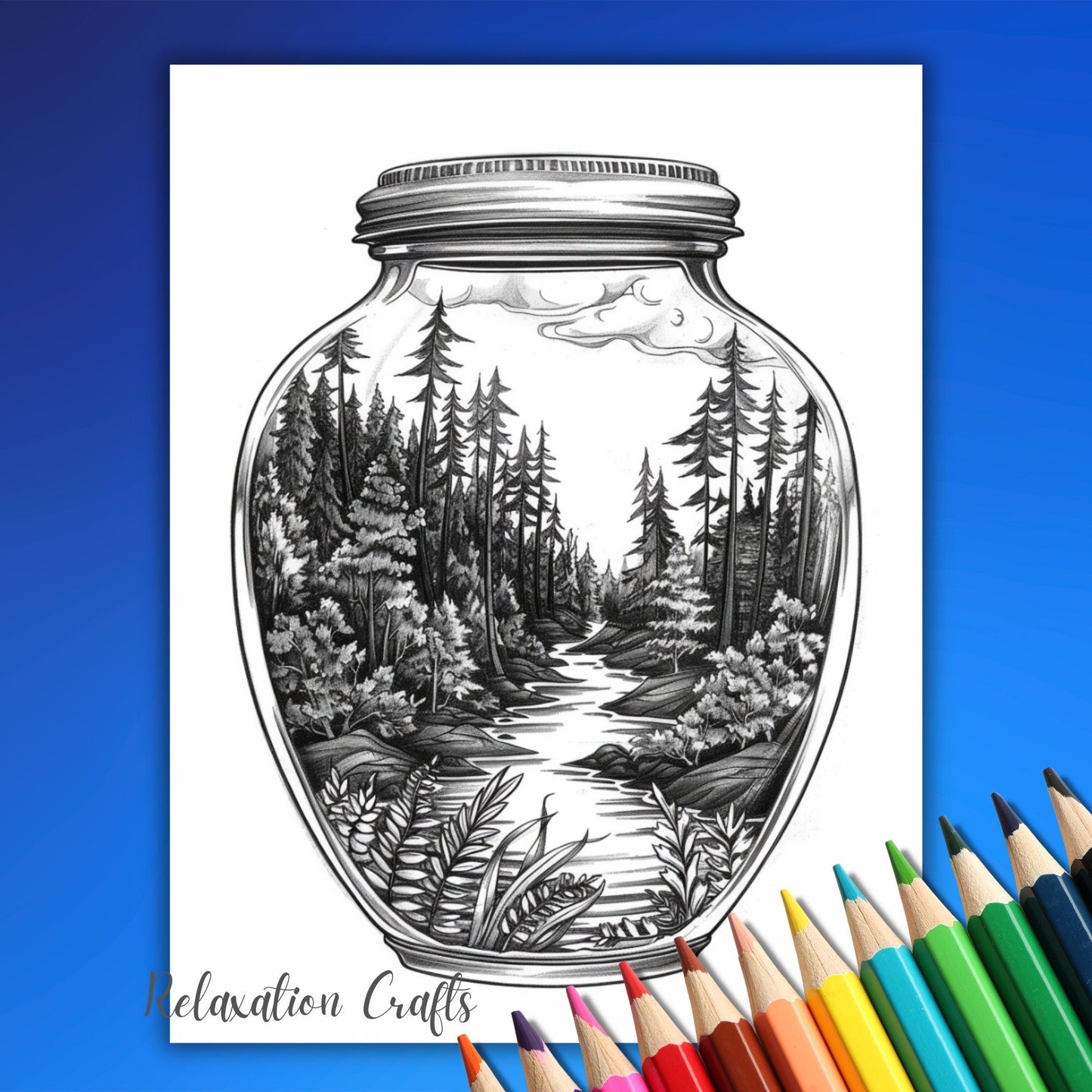 Magic Forest Jars Coloring Pages 70 Grayscale Pages for Adults, Bonus Cover Included, Instant Digital Download for Relaxation, Stress Relief