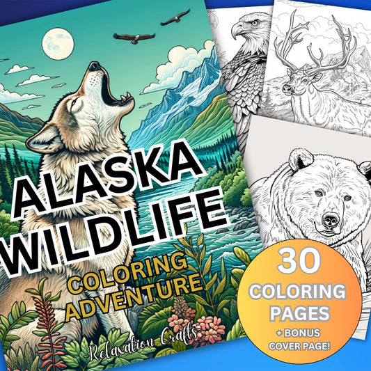 Alaska Wildlife Coloring Adventure, 30 Stunning Grayscale Coloring Pages for Alaskan Nature Enthusiast, Instant Digital Download