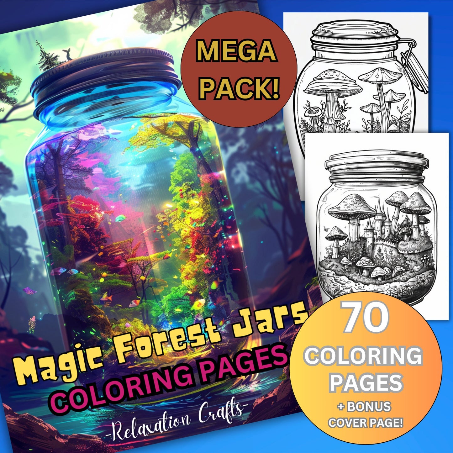 Magic Forest Jars Coloring Pages 70 Grayscale Pages for Adults, Bonus Cover Included, Instant Digital Download for Relaxation, Stress Relief