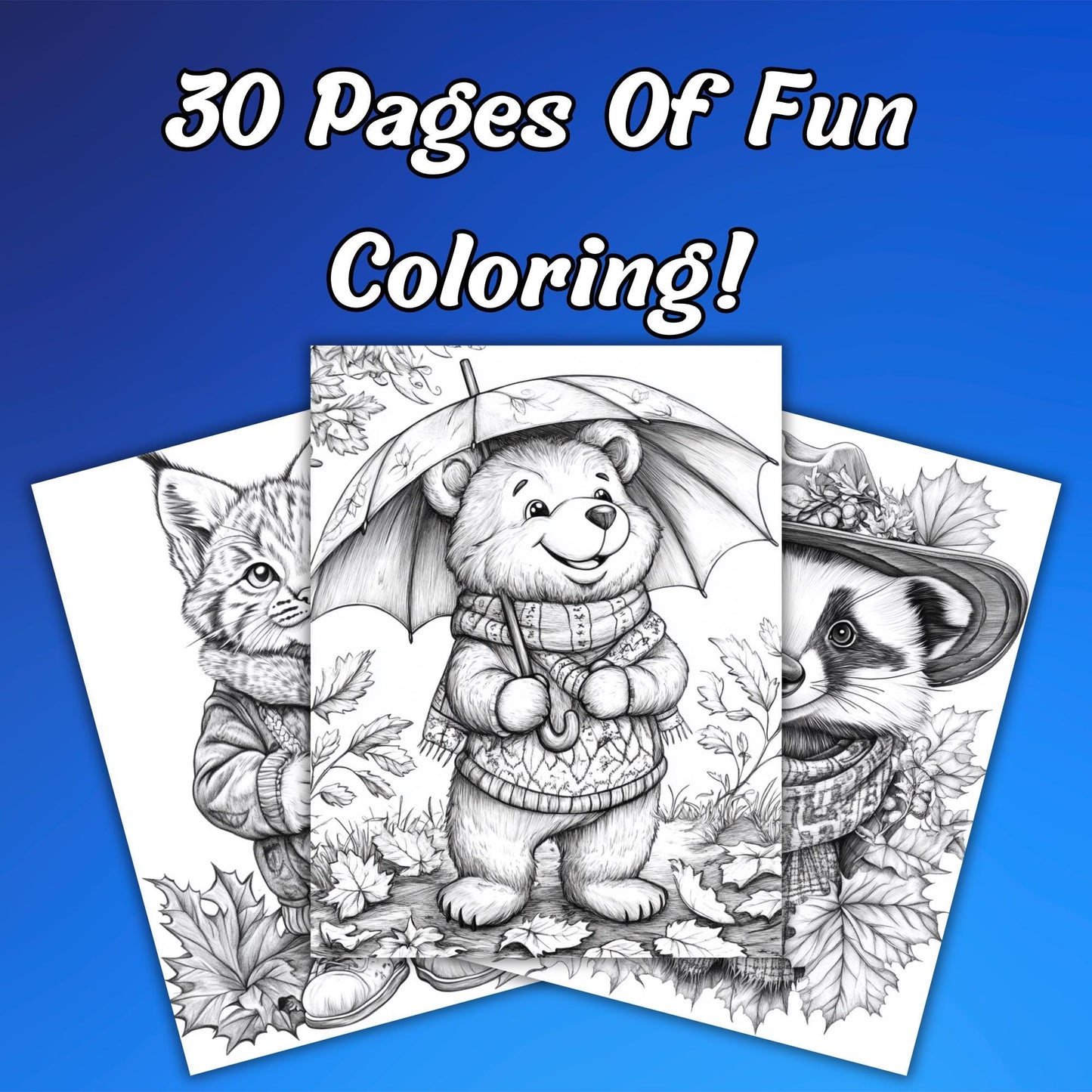 Autumn Animals Coloring Pages | 30 Grayscale Adult Fall Woodland Creatures Coloring Pages | Relaxing Seasonal Art with Cozy Wildlife Designs