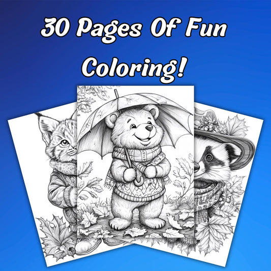 Autumn Animals Coloring Pages | 30 Grayscale Adult Fall Woodland Creatures Coloring Pages | Relaxing Seasonal Art with Cozy Wildlife Designs