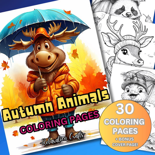 Autumn Animals Coloring Pages | 30 Grayscale Adult Fall Woodland Creatures Coloring Pages | Relaxing Seasonal Art with Cozy Wildlife Designs