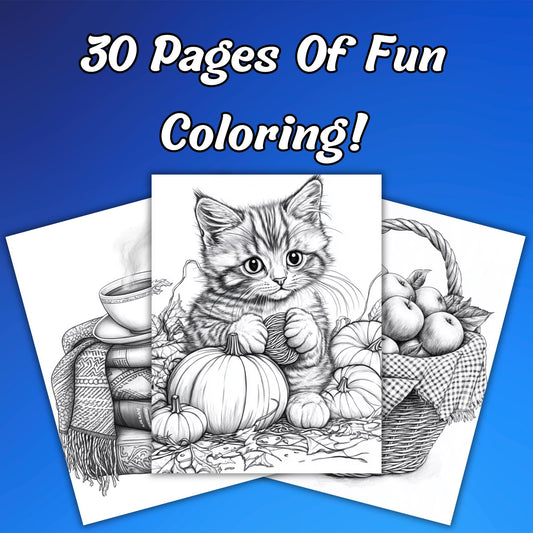 30 Cute Autumn Grayscale Coloring Pages | Cozy Fall-Themed Relaxation for Adults | Printable Coloring Sheets | Autumn Leaves Pumpkins & More