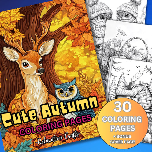 30 Cute Autumn Grayscale Coloring Pages | Cozy Fall-Themed Relaxation for Adults | Printable Coloring Sheets | Autumn Leaves Pumpkins & More